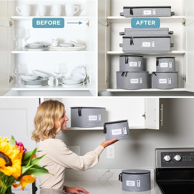 China Storage Hard Shell Containers 12-Piece Set Moving Boxes for Dinnerware, Glasses, Plates, Mugs and Saucers Sturdy Dish Organizer with Dividers for Seasonal Storage - Service for 12 - Grey