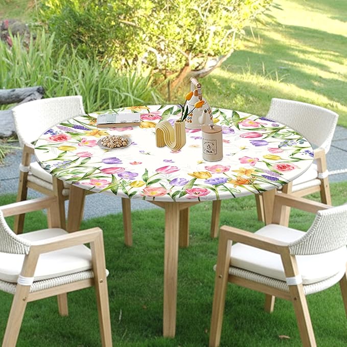 Spring Summer Easter Round Fitted Tablecloth with Elastic Edge Tulip Lavender Floral Circle Table Cloth for 40-44" Tables Wipeable Waterproof Farmhouse Flowers Table Cover for Picnic Dining Outdoor