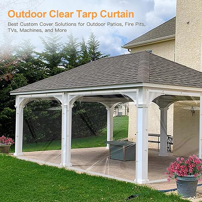 7 x 12FT Outdoor Clear Tarp Curtain Waterproof Wind-Proof 24 Mil Transparent Vinyl Tarp for Patio Pergola Garden Canopy Rainproof Anti-Tear PVC Thick Cover with Grommets