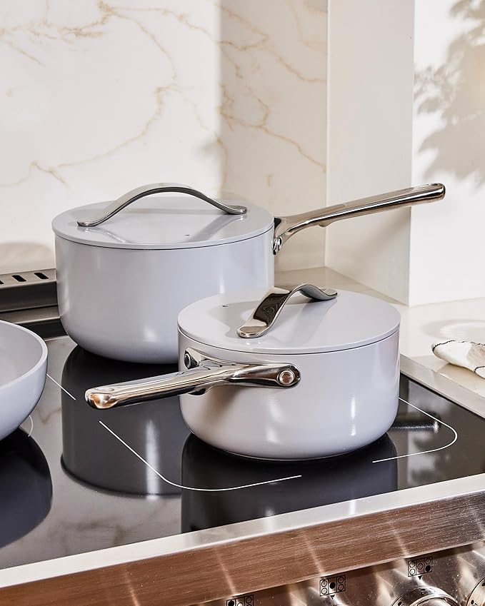Caraway Nonstick Ceramic Sauce Pan with Lid (3 qt) - Non Toxic, PTFE & PFOA Free - Oven Safe & Compatible with All Stovetops (Gas, Electric & Induction) - Sage