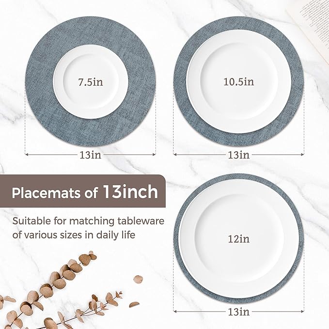 13" Round Placemats Set of 6, Reversible Faux Leather Heat Resistant Table Mats, Waterproof Oilproof Wipeable Table Protective Placemats for Vinyl, Washable for Indoor & Outdoor Use (6, Light Blue)