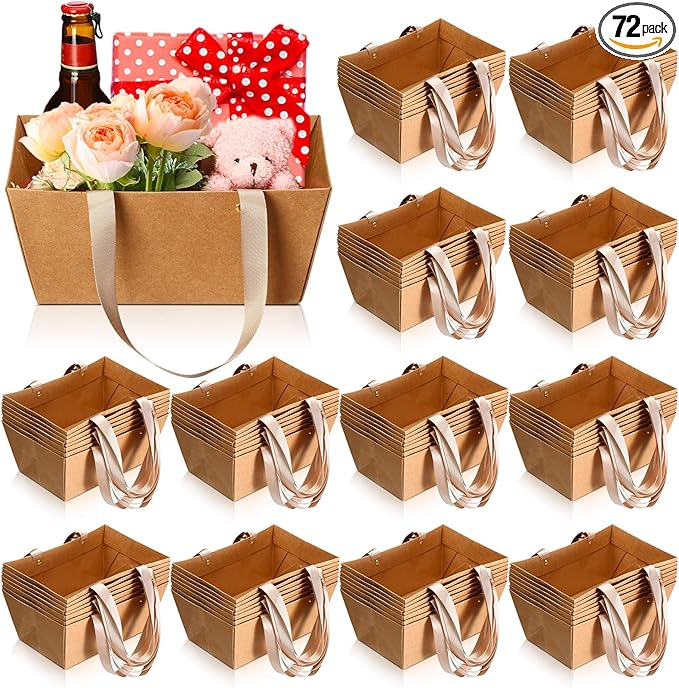 Glenmal 72 Pcs Baskets for Gifts Waterproof Empty Kraft Basket Bulk with Handles 9.8 x 6.5 x 4.3'' Gift Basket Empty to Fill for Wedding Party Christmas Valentines(Brown)