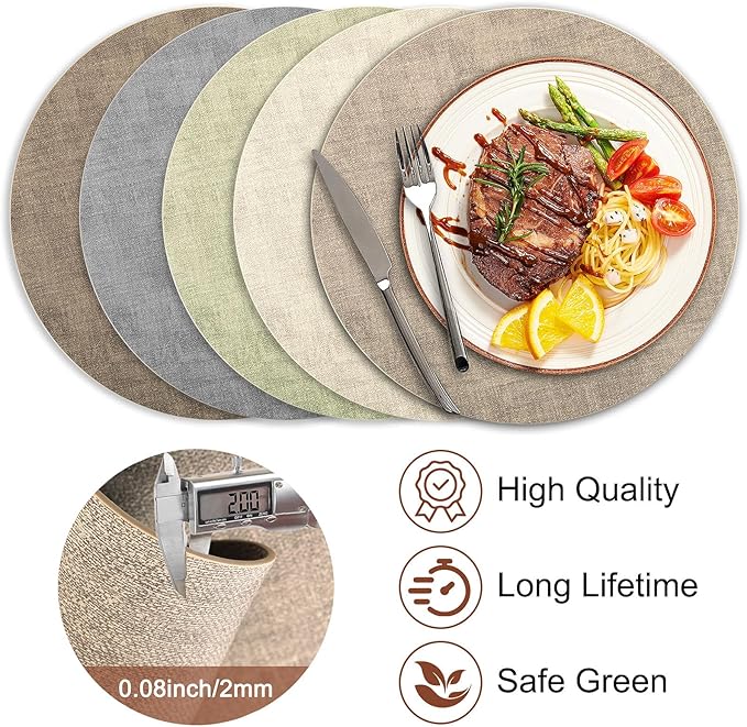Round Faux Leather Placemats and Coasters, Set of 6, Reversible Heat Resistant Non-Slip Table Mats, Waterproof Wipeable Place Mats for Dining Table, Washable for Indoor & Outdoor (6, Light Brown)