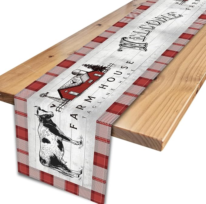 Farmhouse Cow Table Runner, Rustic Red Plaid Animals Buffalo Coffee Table Center Decor for Family Kitchen Dining Room and Living Room Outdoor Country Holiday Party Table Decorations, 13" X 90"