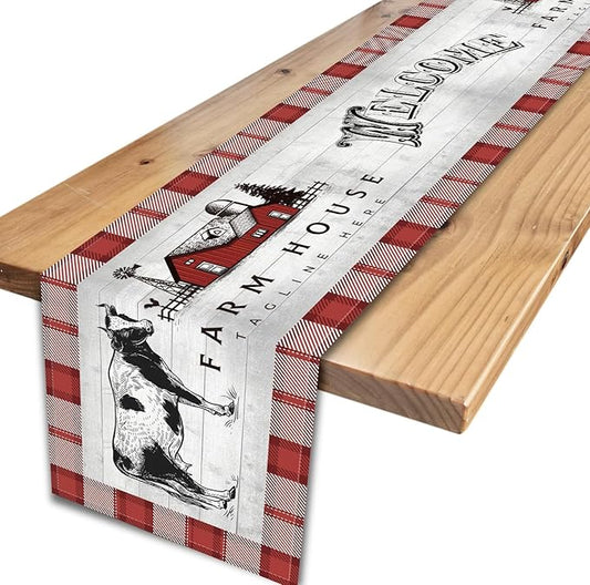 Farmhouse Cow Table Runner, Rustic Red Plaid Animals Buffalo Coffee Table Center Decor for Family Kitchen Dining Room and Living Room Outdoor Country Holiday Party Table Decorations, 13" X 72"