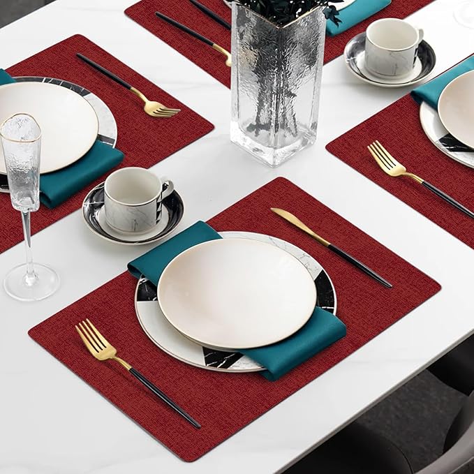 Faux Leather Heat Resistant Christmas Placemats Set of 4 – Waterproof Oilproof Wipeable Dining PU Vinyl Place Mat Easy Clean Table Mats for Kitchen/Dining/Party/Holiday, Red