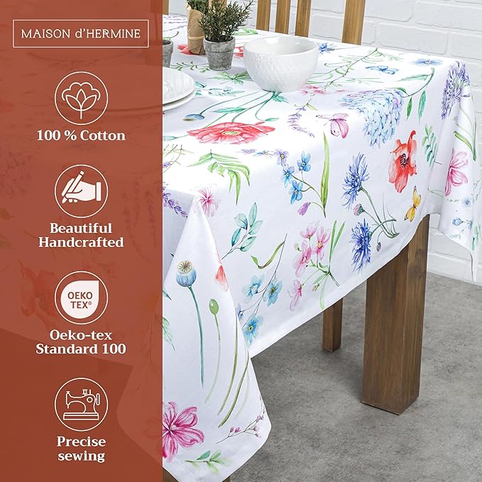Maison d' Hermine Table Cloth Rectangle Table 100% Cotton 60 x 108 Inches Tablecloth Reusable Decorative for Dining Room, Farmhouse, Home, Party, Festive & Wedding Spring Summer - Just Floral