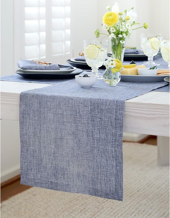 Solino Home Linen Chambray Indigo Table Runner 120 Inches Long - Athena, 100% Pure Linen 14 x 120 Inch Table Runner for Winter, Spring, Easter