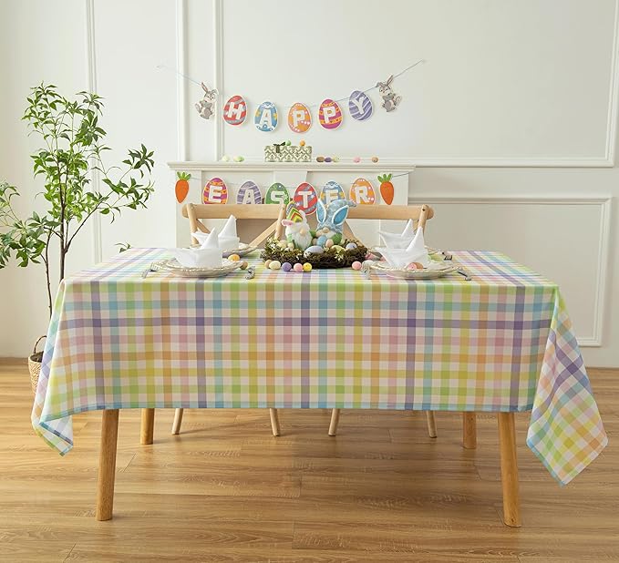 Gingham Easter Tablecloth Fabric - Colorful Oblong 58x120 Water Resistant Farmhouse Plaid Table Cloth for Indoor/Outdoor Use - Easter Gifts Perfect for Birthday, Picnics, Gardens