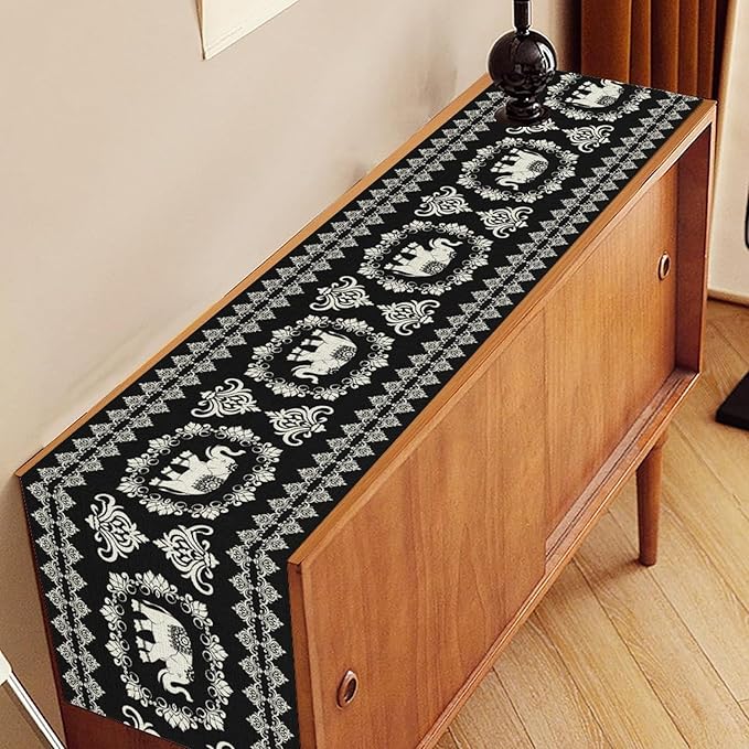 Boho Elephant Table Runner, Rustic Black African Tribe Animal Damask Diwali India Mandala Art Print Coffee Table Center Decor for Home Kitchen Holiday Party Outdoor Table Decorations, 13"x72"