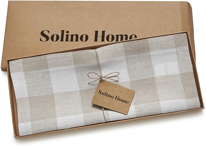 Solino Home Linen Checkered Table Runners 72 Inches Long - 100% Pure Linen Natural and White Buffalo Check Table Runner 14 x 72 Inch Ideal for Dresser, Dining, Spring, Easter