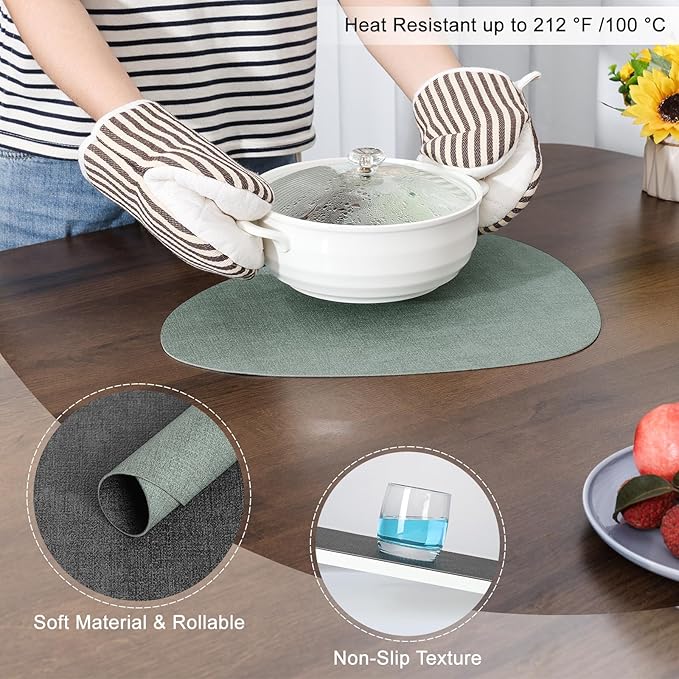 Placemats and Coasters, Washable Reversible Placemats Round Faux Leather Wipeable Place Mats Non Slip Heat Resistant Indoor Outdoor Table Mats (Set of 6, Gray Sage Green)