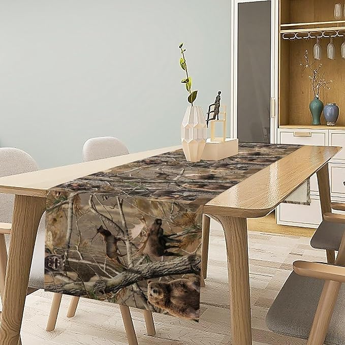 Forest Camouflage Table Runner, Camo Rustic Wildlife Animal Hunting Deer Elk Bird Bear Table Runner for Party Kitchen Dining Banquet 13x36in