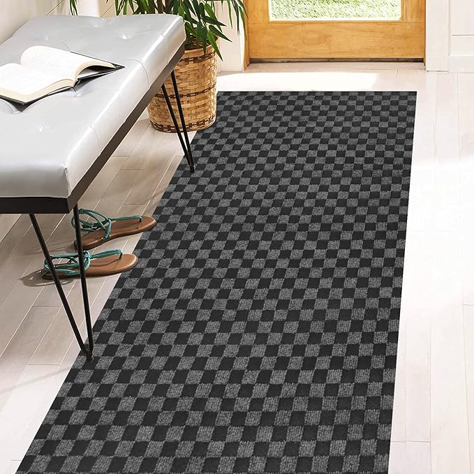 3' x 68' Runner Rugs with Rubber Backing, Indoor Outdoor Utility Carpet Runner Rugs, Checkered Gray, Can Be Used as Aisle for The RV and Boat, Laundry Room and Balcony