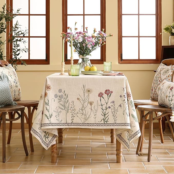 ISAENNE Designer Off White Linen Long Tablecloth Rectangular,Floral Elegant Table Cloth,Stain Resistant Vintage Decor Tablecloths for Dining Thanksgiving Kitchen Christmas,63"*94"-Serenity G