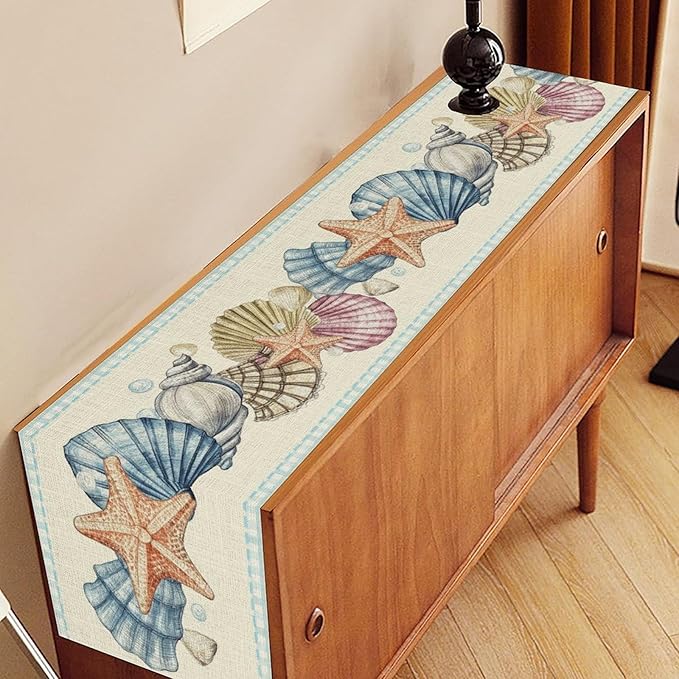 Summer Starfish Table Runner, Blue Check Sea Coastal Seashell Beach Nautical Starfish Ocean Table Runner Seasonal Holiday Home Kitchen Dining Table for Home Party Decor 13"x72"