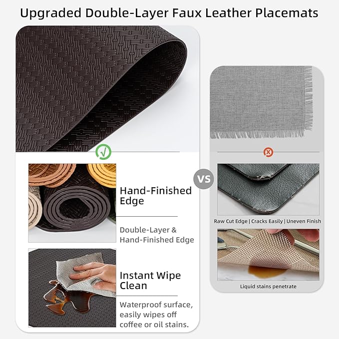 Faux Leather Placemats Set of 4 – 17x12 Inch Vinyl Table Mats, Heat Resistant, Non Slip, Wipeable & Washable, Easy to Clean Dining Table Decor for Kitchen & Dining Room（Dark Brownish Black）