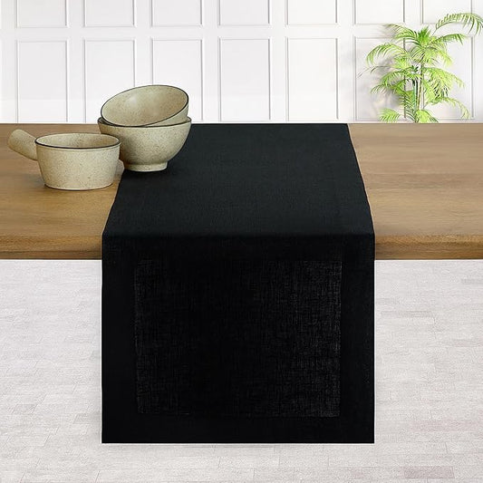 D'Moksha Homes Linen Black Table Runner 84 Inches Long - 100% Pure Linen 14 x 84 Inch Table Runner for Dining, Winter, Holiday - Machine Washable