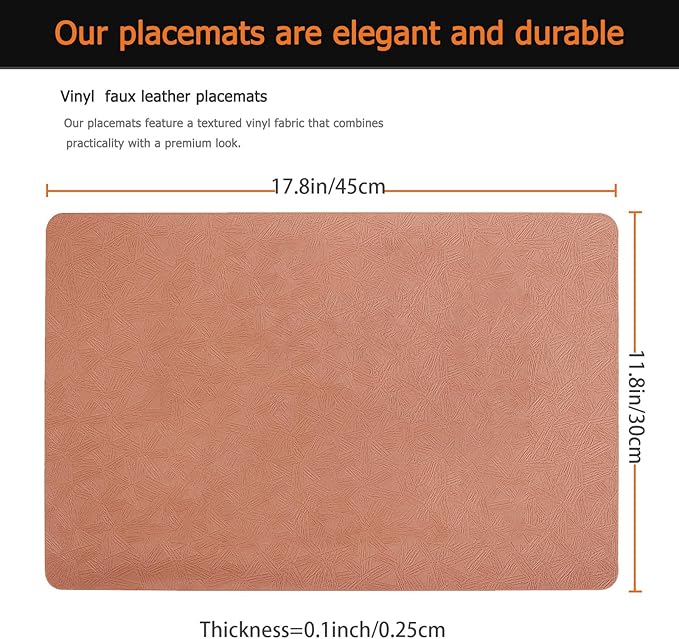 Vinyl Placemats Set of 8 Faux Leather 100% Waterproof Wipeable Washable Place Mats Heat Resistant Easy Clean Non-Slip Table Mats for Indoor Outdoor.(8, Coral)