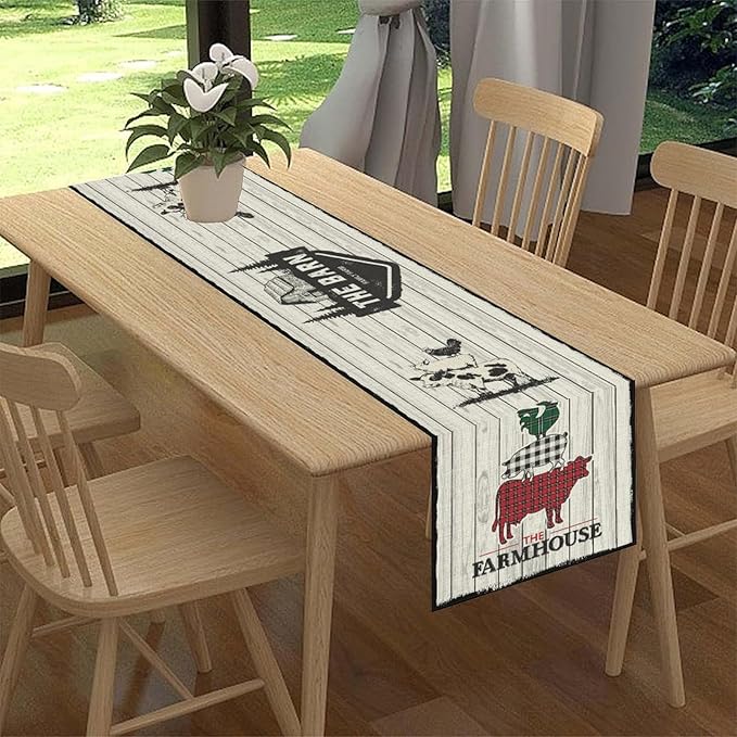 Farmhouse Pig Cow Table Runner, Rustic Black Rooster Animals Coffee Table Center Decor for Family Kitchen Dining Room and Living Room Outdoor Country Holiday Party Table Decorations, 13" X 72"