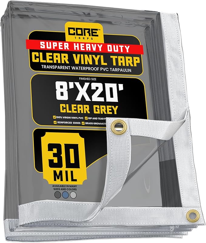 Core Tarps 30 Mil Extreme Heavy Duty Clear Tarp with Gromments - 8x20ft Super Clear Tarps Heavy Duty Waterproof Vinyl Tarpaulin, Transparent Tarp for Outdoor, Camping & Construction, Clear Grey