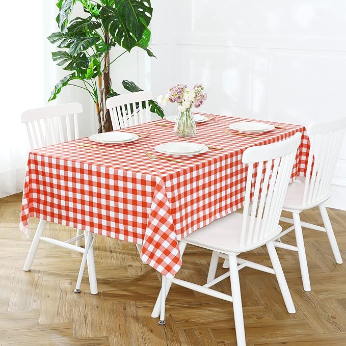 Romanstile Rectangle Vinyl Tablecloth, 100% Waterproof Buffalo Gingham Plastic Table Cloth, Heavy Duty Wipeable Checkered Table Covers for Outdoor, Camping, Picnic, Patio - 60 x 102, Red and White