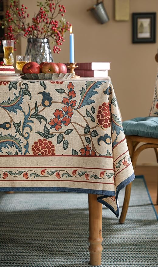 patdrea Designer Vintage Linen Extra Long Tablecloth for Rectangle Table,French Soft Floral Tablecloths,Colorful Table Cover for Kitchen Dining,Parties,Christmas,Thanksgiving,Party,63"x110"-Puno
