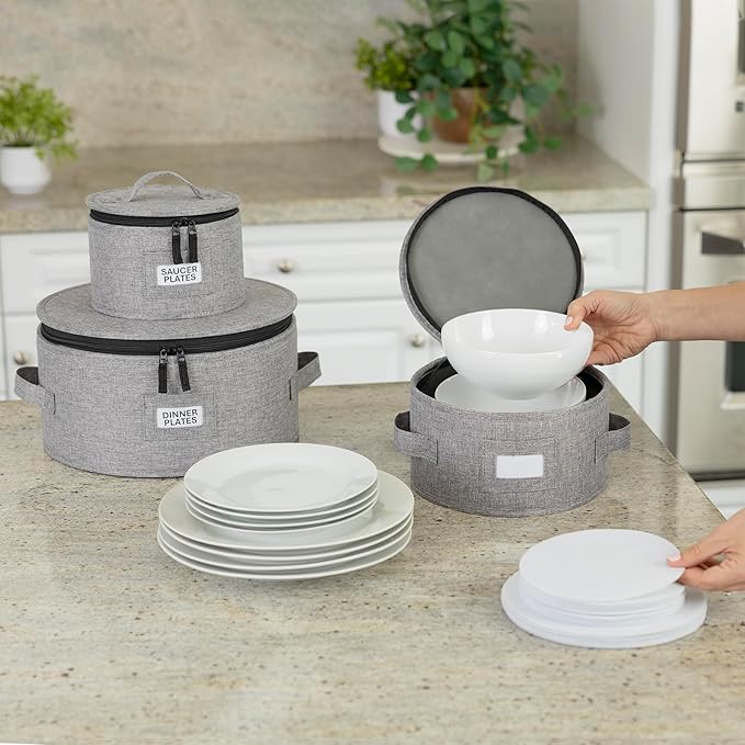 Set of 4 China Storage Cases for Dinnerware - Hard Shell and Stackable - Sizes: 12" - 10" - 8.5" and 7" W - 48 Plate Separators Included