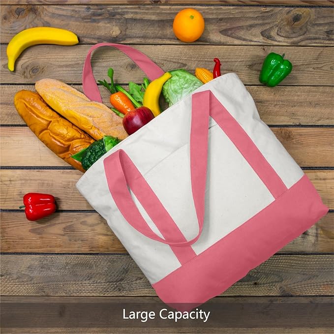 TOPDesign 3-Pack Canvas Tote Bags with an External Pocket, Reusable Grocery Shopping Bags, Top Zipper Closure, Daily Essentials (Rose Pink/Natural)