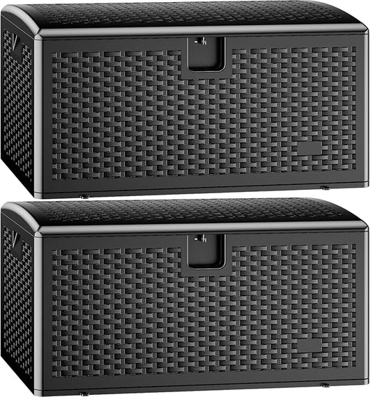 JEKO&JEKO 150 Gallon Outdoor Storage Box Set, 2-Pack 75 Gallon Plastic Deck Boxes with Lockable Lid for Patio, Garden Tools, Outdoor Cushions and Shoes, Black