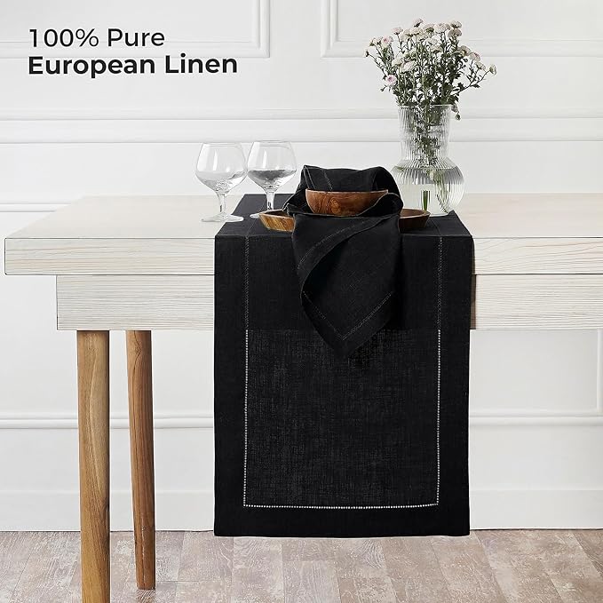 D'Moksha Homes Linen Black Table Runner 36 Inches - 100% Pure Linen Small Table Runner 14 x 36 Inch Ideal for Dresser, Coffee Tables, Spring, Easter - Classic Hemstitch