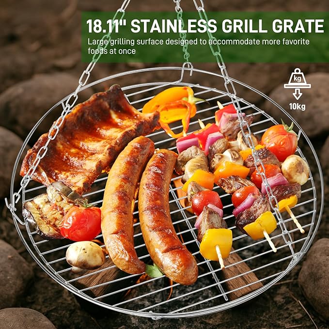 Outvita Campfire Tripod Grill, Adjustable Height BBQ Grill Grate with Fire Bowl for Outdoor Camping BBQ, Black