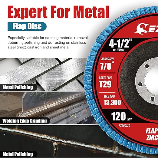 EZARC Flap Disc 4 1/2 Inch for Anger Grinder, 10 PCS 120 Grit Zirconia Grinder Sanding Disc, Type 29 Abrasive Grinding Wheel for Stainless Steel, Sheet Metal (7/8 inch Arbor Size)