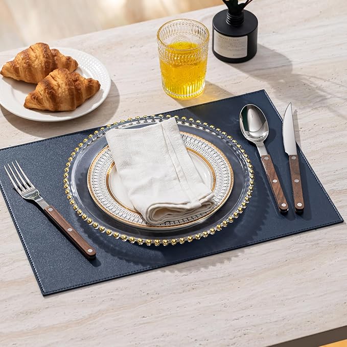 Faux Leather Placemats Set of 6 Vinyl Washable Wipeable Table Mats for Kitchen Dining Table Heat Resistant Waterproof Modern Indoor/Outdoor Placemats Non-Slip Easy Clean Place Mats (Navy Blue)