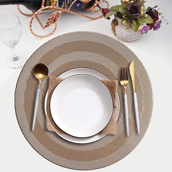 PIGCHCY Round Placemat Set of 8 Vinyl Washable Kitchen 15 inch Table Placemats for Wedding Holiday Party (8pcs Round, Champagne)