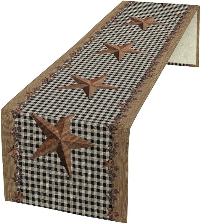 Rustic Star Table Runner, Vintage Wood Barn Black Grid Western Texas Farmhouse Country Print Table Runner for Home Party Patio Indoor Outdoor, 13x60inch