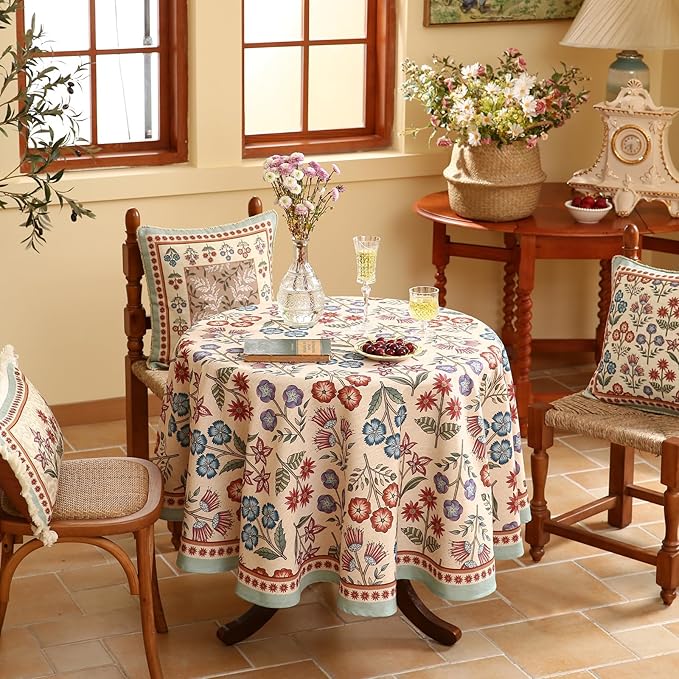 French Linen Small Round Tablecloth,Vintage Colorful Multiple Prints Soft and Durable Tablecloths,Decor Table Cover for Kitchen,Dining,Party,Thanksgiving,Christmas,Diameter 55"-Lohi