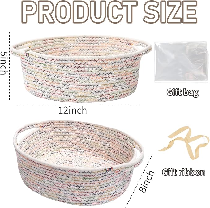 Woven Basket,Small Rope Storage Bin with Handles & Ribbon Bag, Organizer for Shelves Closets,Gift Basket Empty for Birthday,Books,Dog Toys, Colorful/2 Pack