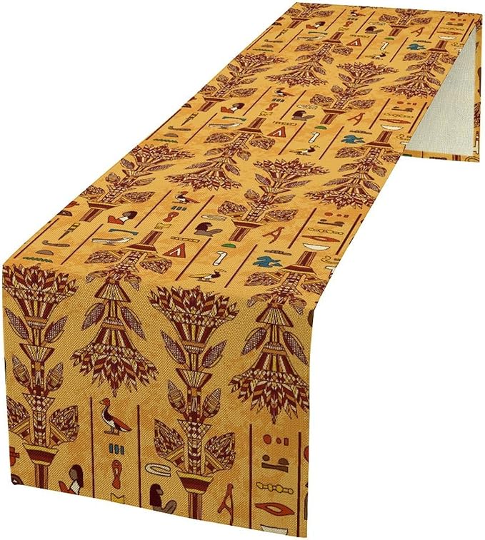 Egyptian Table Runner, Rustic Egypt Mythology Pharaohs African Hieroglyphs Old Alphabetic Table Runner for Kitchen Dining Room Farmhouse Party Banquet 13x120in
