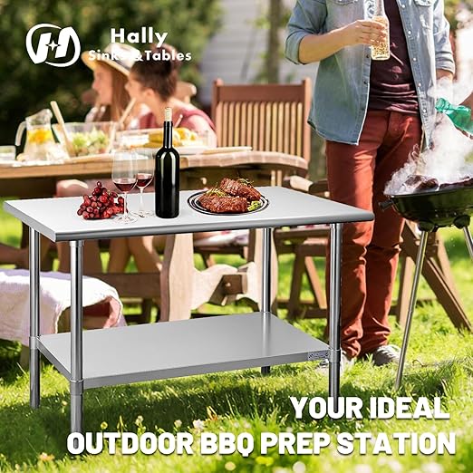 Hally Stainless Steel Table for Prep & Work 18 x 30 Inches, NSF Commercial Heavy Duty Table with Undershelf and Galvanized Legs for Restaurant, Home and Hotel