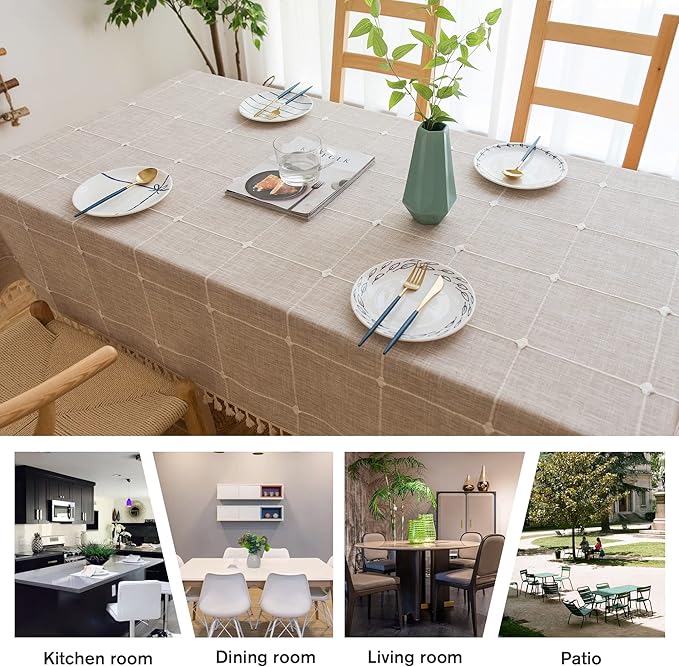 Pahajim Rustic Linen Tablecloth Cotton Rectangle Table Cloth for Kitchen Dining with Tassel Plaid Waterproof Tablecloths Square,55''x55'',4 Seats