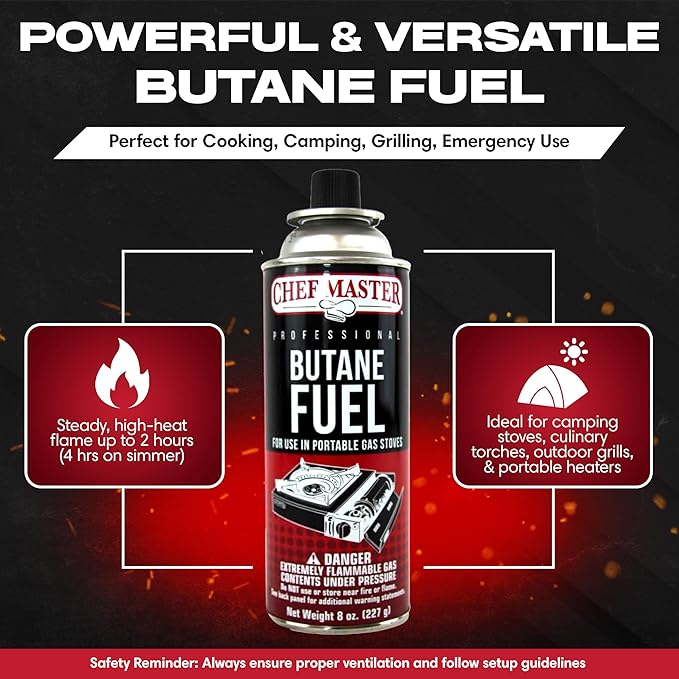 Chef Master 72x 8oz Butane Fuel Canister - Butane Torch Refill & Camp Stove Fuel - Gas Canister for Picnics, Outdoor Cooking, Grilling - Camp Stove, Torch Fuel Camping Essentials - 90340
