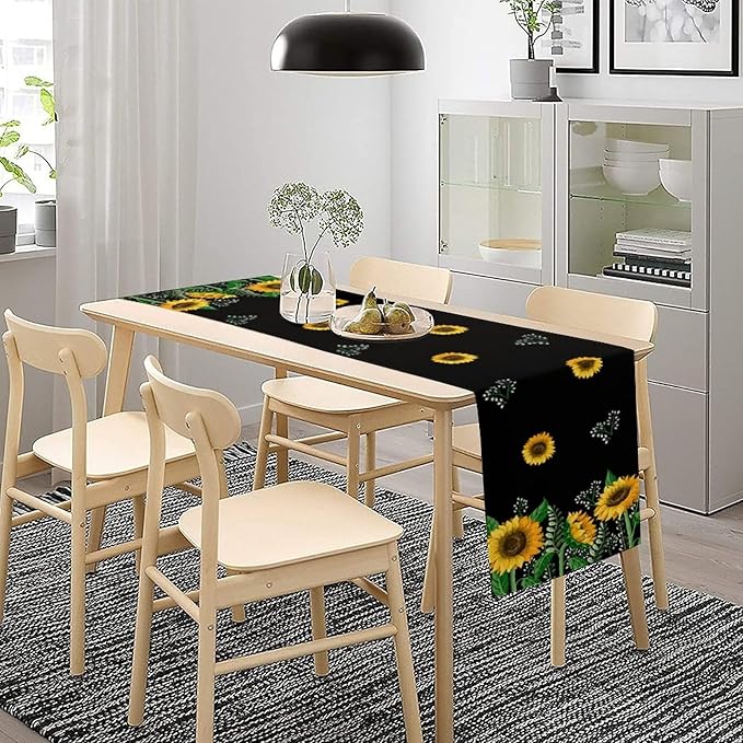 Sunflower Table Runner,Spring Summer Watercolor Floral Plants Leaves Print Table Runner for Kitchen Dining Table Home Holiday Party Indoor Outdoor Decor 13x36in