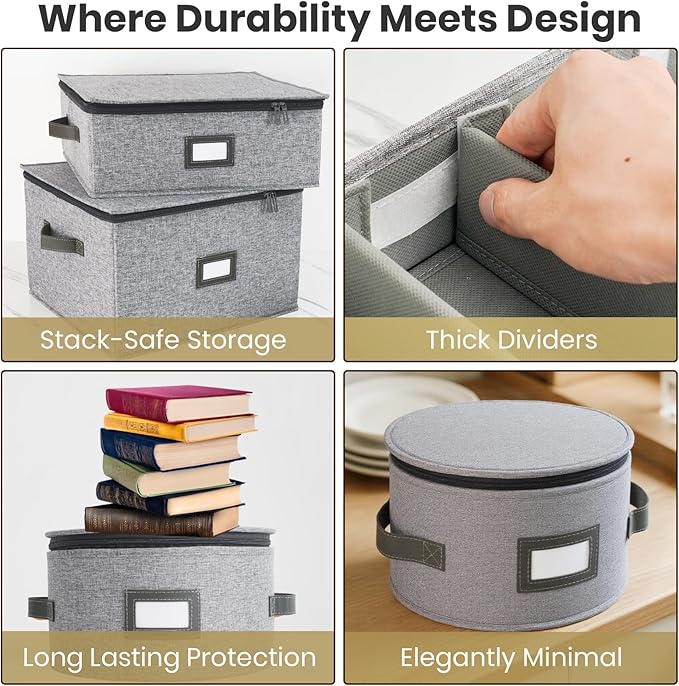 HOMELUX THEORY Hard Shell China Storage Containers, 8pc Light Gray Mug & Plate Storage Box, Kitchen Storage Bins With Lids, Heavy Duty Moving Box with Handles for Dishes, Silverware, Cup & Mug