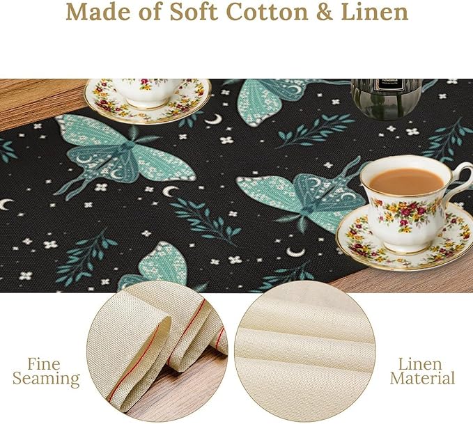 Butterfly Moth Table Runner, Boho Moon Green Leaves Plant Print Table Runner for Farmhouse Kitchen Dining Table Holiday Party Home Decor 13x90in