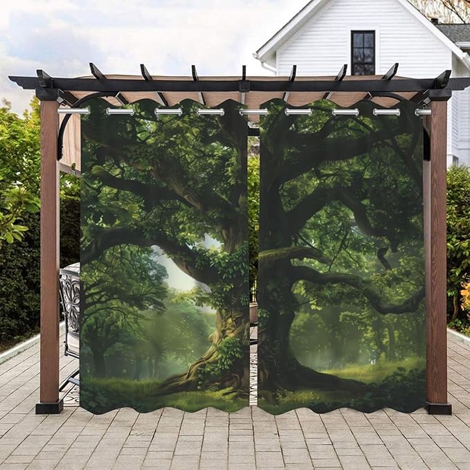 Nature Theme Outdoor Curtains for Patio Waterproof,Forest Pattern,Light Filtering Curtains Outside Curtains for Porch, Gazebo, Pergola, Backyard,Set of 2 Panels,54 x 108 inch,Green