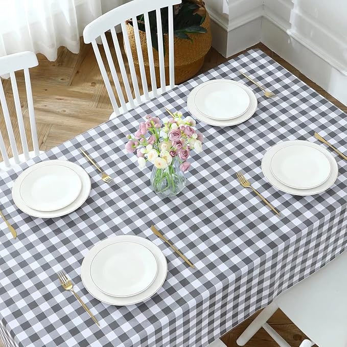 Romanstile Square Vinyl Tablecloth, 100% Waterproof Buffalo Gingham Plastic Table Cloth, Heavy Duty Wipeable Checkered Table Covers for Outdoor, Camping, Picnic, Patio - 54 x 54, Grey and White
