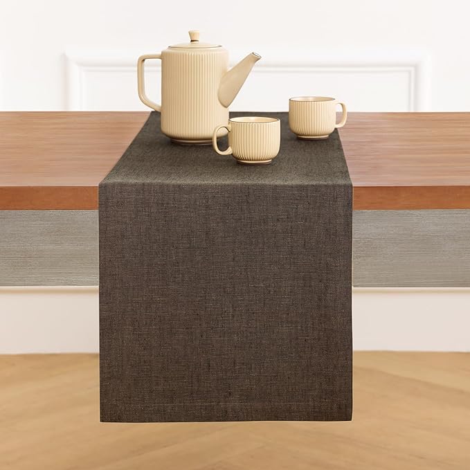 Solino Home Linen Table Runner 90 Inches Long - Athena, 100% Pure Linen Chambray Brown Table Runner 14 x 90 Inch for Dining, Winter