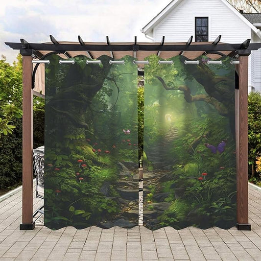 Fantasy Theme Waterproof Indoor/Outdoor Curtains,Forest Pattern,Privacy Curtains for Porch Pergola Arbor Lanai Pool House Outside Deck,2 Panel,W42 x L63,Green