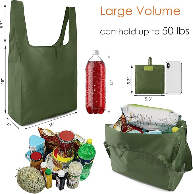BeeGreen Green Reusable Grocery Bags Wholesale Moss Green Reusable Kitchen Bags Bulk Foldable-Machine Washable with Zipper Storage Pouch 50 Packs